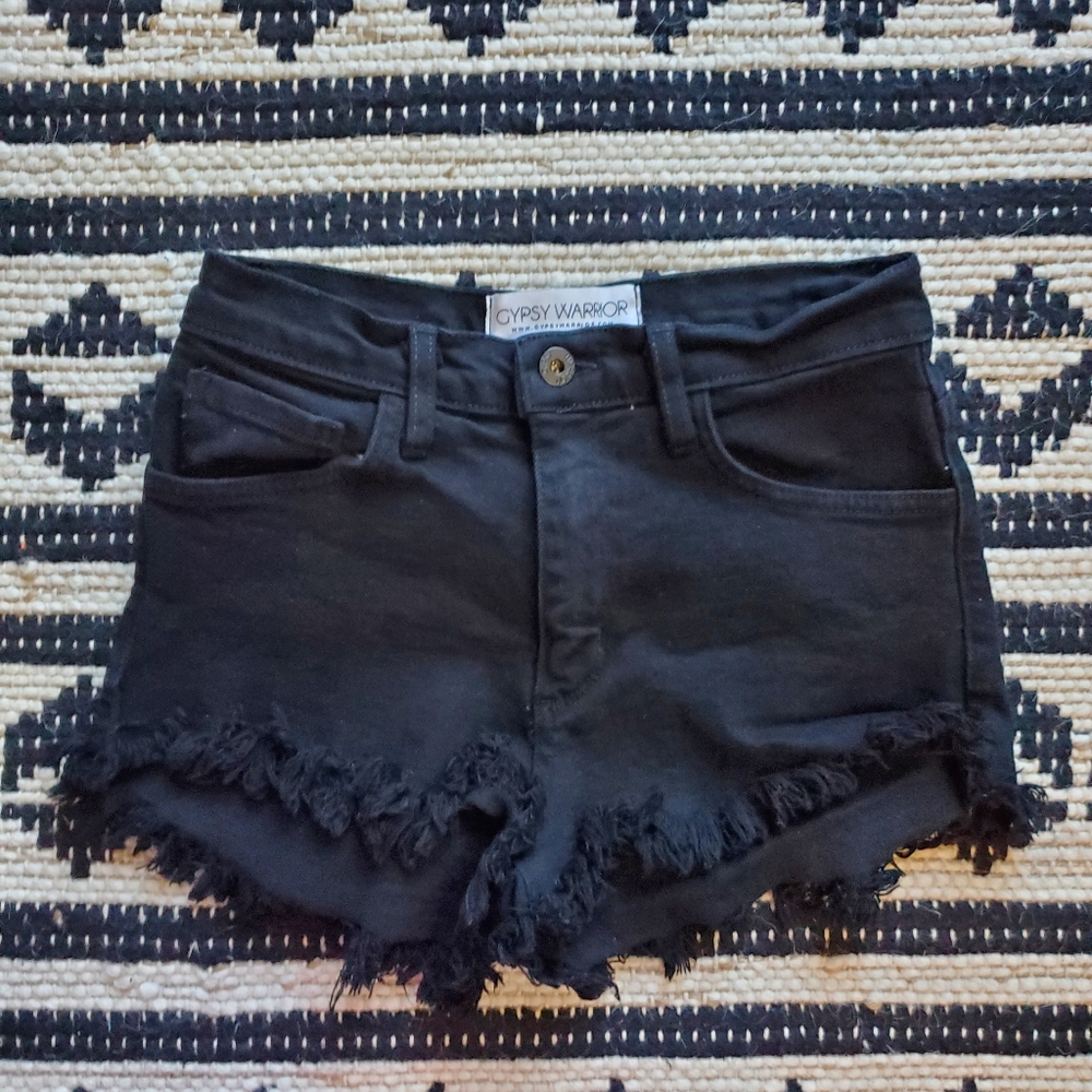Gypsy Warrior, High Rise, Distressed, Black Denim Shorts